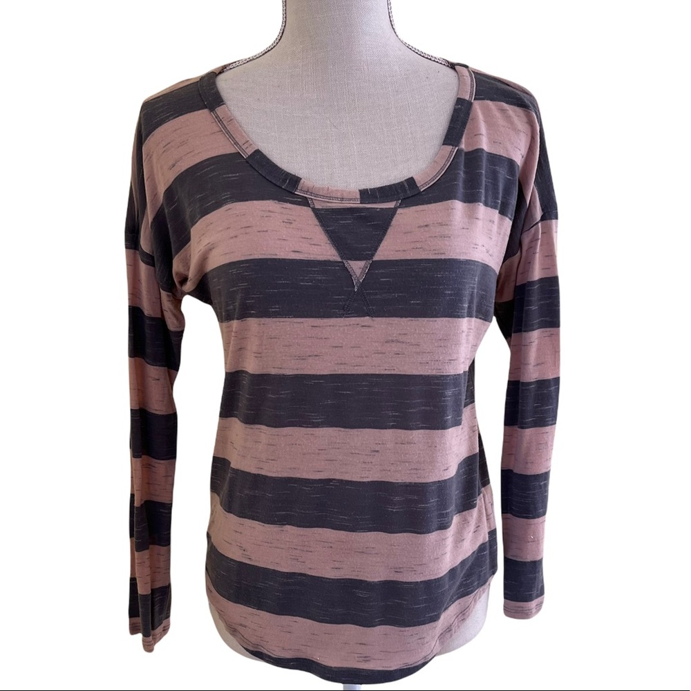 Splendid Pink and Grey Three Quarter Sleeve Striped Tee XS